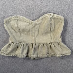 Pants Store Size Small Strapless Peplum Denim Crop Top Green Ruffle Sweetheart